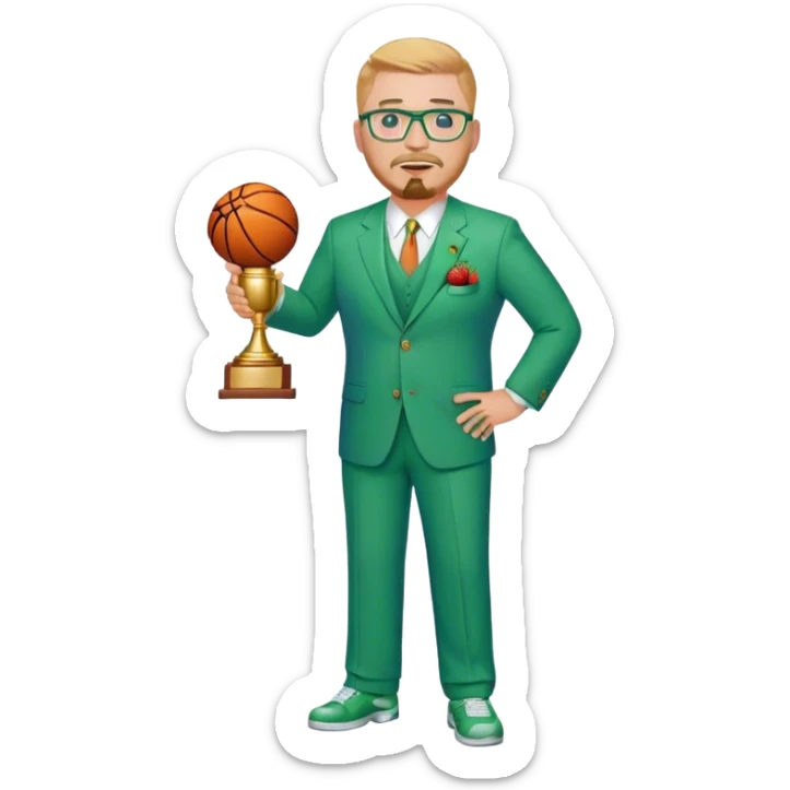 Full Body white fat male  wearing glasses with a goatee with strawberry blond very short hair basketball head Coach in blue and green suit holding trophy sticker