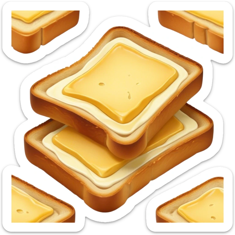 Cinematic warm toasted bread, golden-brown edges, butter melting into the surface, slightly crispy texture, simple and comforting, warm glowing background, inviting and homely. sticker
