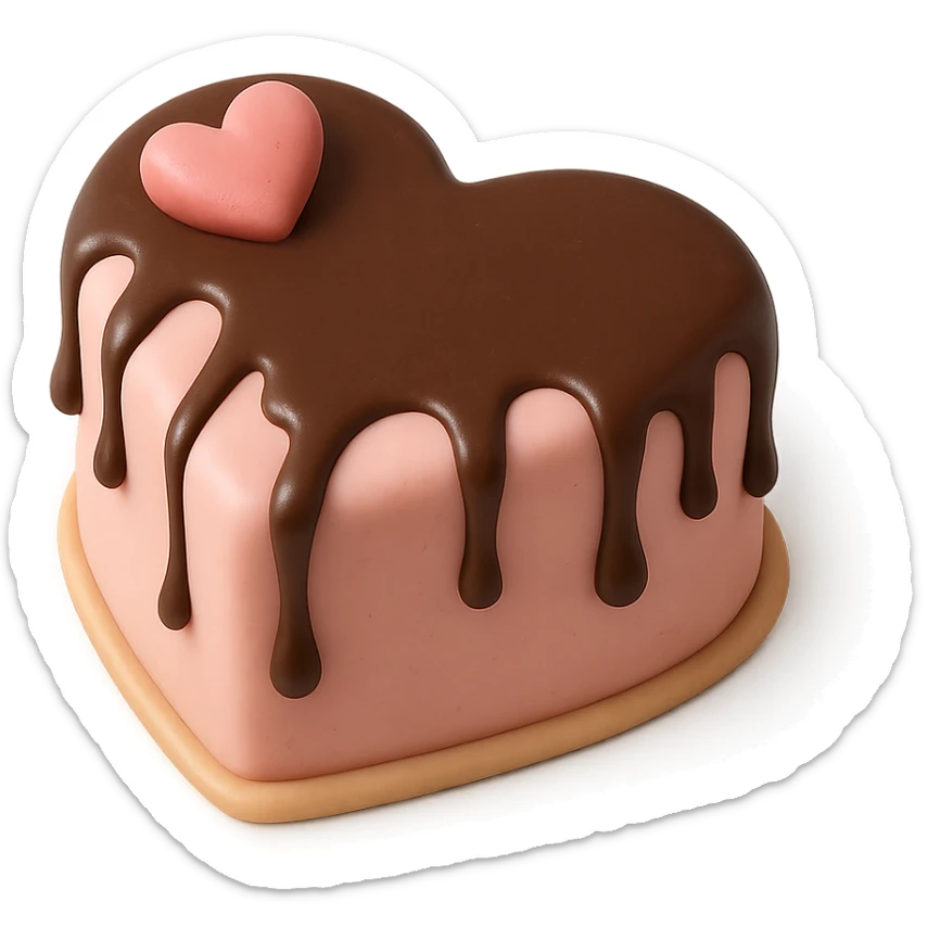 heart-shaped fondant cake with chocolate drizzle, transparent background sticker