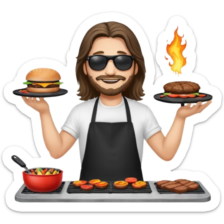 long hair man grilling wearing shade smiling in a white tshirt and a black apron grilling burger and meat on a sizzling grill sticker