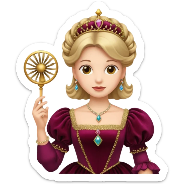 An emoji portrait of a Renaissance Italian princess. She wears a sumptuous velvet gown with a square neckline and puffed sleeves. Her hair is styled with a jeweled ferronnière, and her expression is poised and intelligent. She is holding a small, delicate fan. sticker