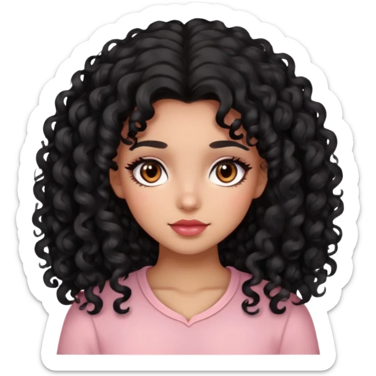girl, long black curly hair, beautiful brown eyes, light brown skin and LIGHT pink red blush sticker