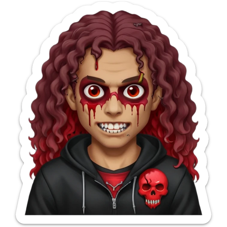 Vampire wearing black hoodie with a skull logo on it, long curly hair, brown skin, fanged teeth, blood under eye sockets/forehead, piercings on eyebrows, long curly hair with a patch (section) of red and blood on hands sticker