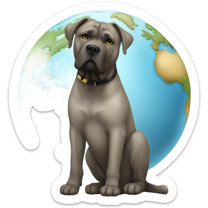 White and gold Cane Corso sitting of a globe of the earth. sticker