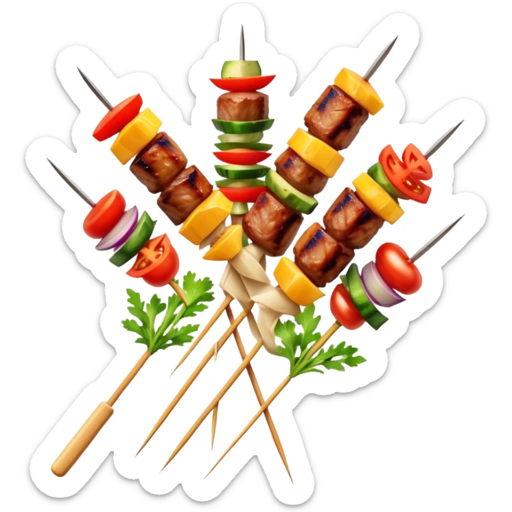 Cinematic Realistic Shish Kebab Dish Emoji, showcasing skewered, grilled meat with vibrant vegetables rendered with dynamic textures and warm, inviting lighting. sticker