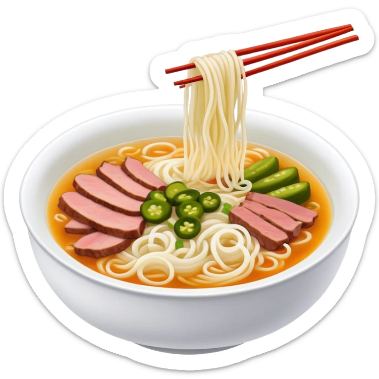 Guilin rice noodles with pickles and meat in soup, simplified emoji style with bold outlines and bright colors, cartoon style Guangxi specialty Mi Fen sticker