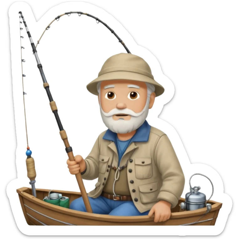 an old white haired, bearded man in fisherman attire, sat in a big boat on a calm sea, holding one fishing rod in one hand, with the end of the fishing line touching the water sticker