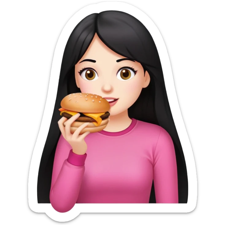 White girl in pink clothes and long black hair eating burger and pizza sticker