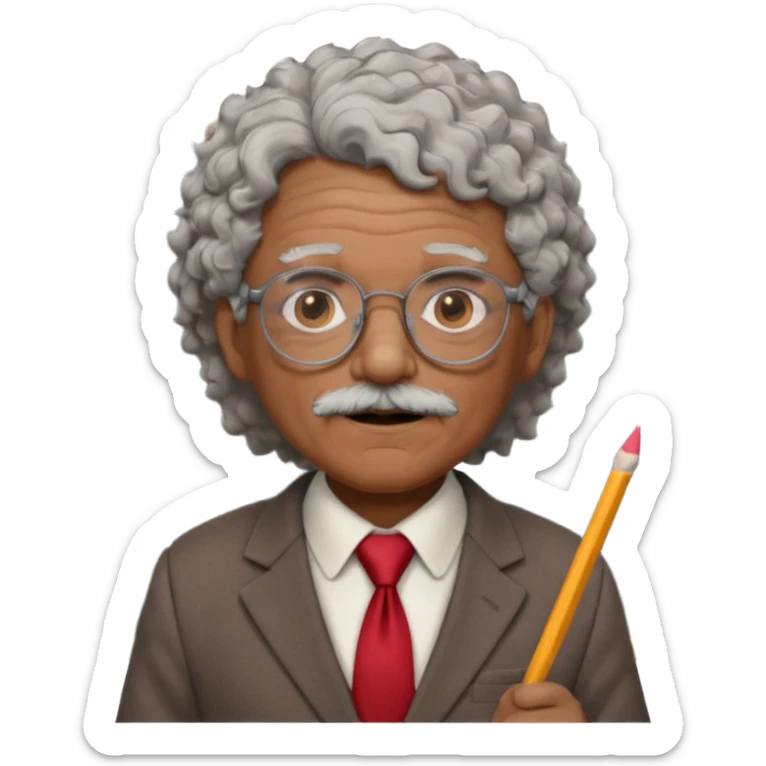 old man teacher, brown skin, curly grey white hai, wearing glasses, brown suit, red tie hold chalk on hand sticker