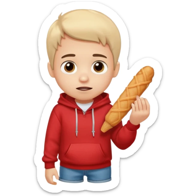 ute funny Spanish cartoon boy named Peque Tito, red hoodie, denim shorts, big expressive eyes, holding a churro, Pixar-style, viral character.” sticker
