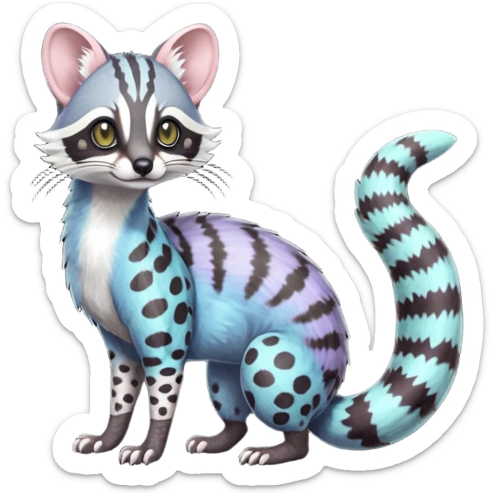 Feral Rare Fantasy iridescent scaly shaded detailed deep pastel-gradients-colored colorful Genet-Trico-Civet-Cacomistle-Margay-species by LiLaiRa, with dark-blackish points, white belly, random markings, tufted tail, tufted ears, full body sticker