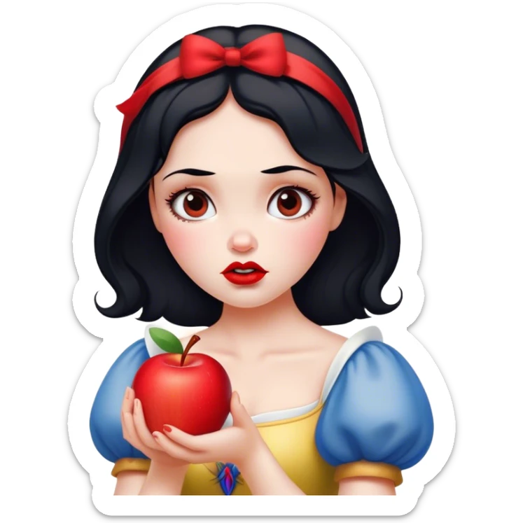 Cinematic Funny Snow White Portrait Emoji, Holding an apple with a suspicious expression, one eyebrow raised, lips pursed as if questioning her life choices, a hilariously relatable fairy tale moment! sticker
