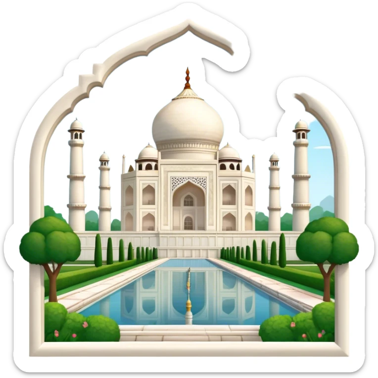 Cinematic Realistic Taj Mahal Landmark Emoji, depicted as the iconic marble mausoleum set amidst lush gardens rendered with intricate detail and ethereal, soft lighting. sticker