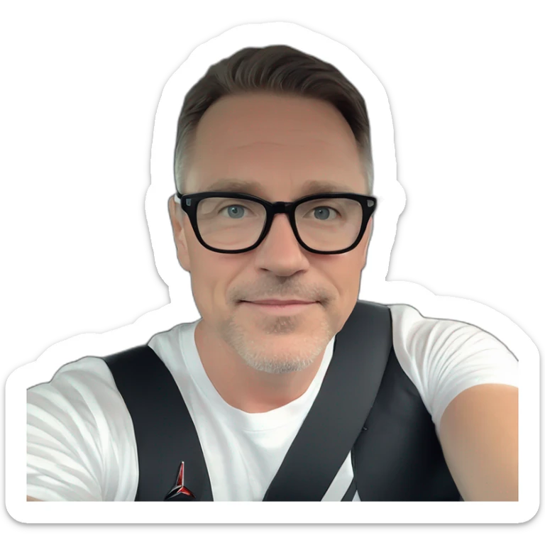 middle-age-lean-white-man,no-facial-hair,-with-black-hair-&-glasses-wearing-black-Tesla-T-shirt,-inside-black-tesla-model-3, at the wheel, front view sticker