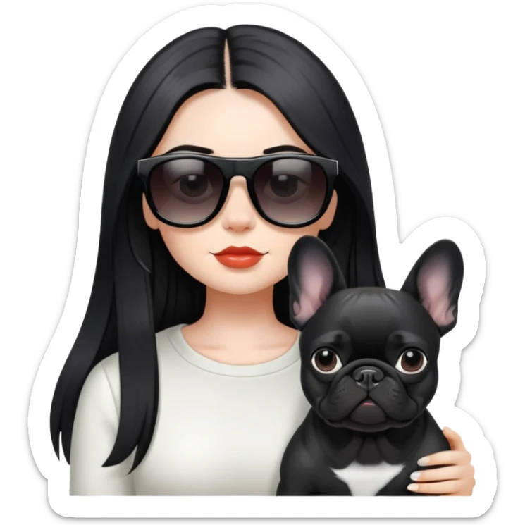girl with long black  straight hair  and Wearing sunglasses and a black French bulldog sticker