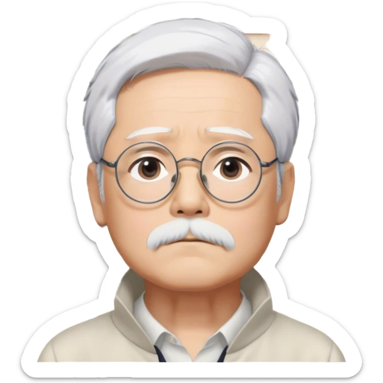 ​Cinematic Realistic Portrait of Hayao Miyazaki, depicted with striking white hair, defined black eyebrows, and large rectangular glasses, his thoughtful expression rendered in lifelike detail against a background of whimsical Studio Ghibli-inspired sketches, illuminated with soft, realistic lighting that emphasizes his creative genius, sticker
