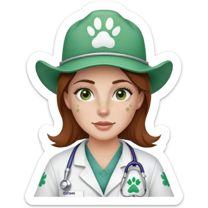 Pale Woman with brown hair and green eyes and freckles on her cheek bones wearing scrubs that have a paw print logo on only the scrubs  and a cow girl hat sticker