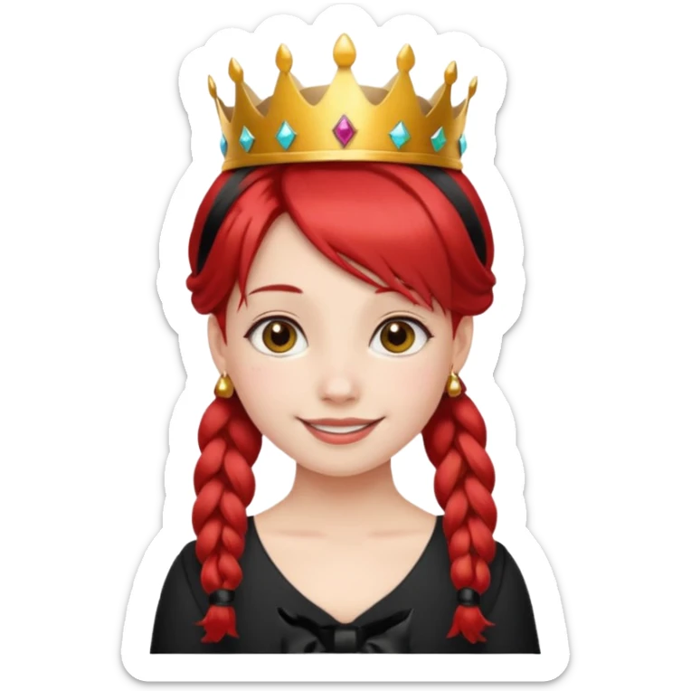 A red pigtail hair girl with a crown smiling gently and black bow on her hair sticker