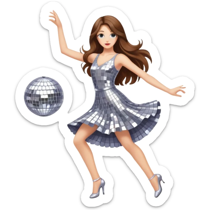 Girl with long brown hair  white girl dancing like nobody’s watching, elegant quirky  discoball in background  sticker