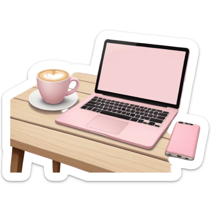 Cozy coffee shop scene with pastel pink laptop, beige notebook, and latte on wooden table sticker