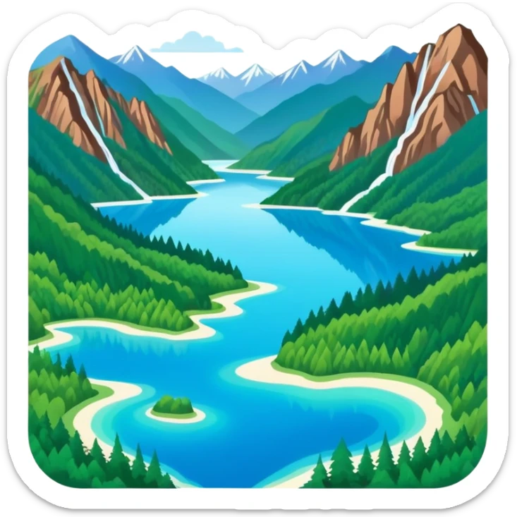 Jiuzhaigou Valley colorful lakes, simplified emoji style with bold outlines and bright colors, cartoon style blue water with mountains sticker
