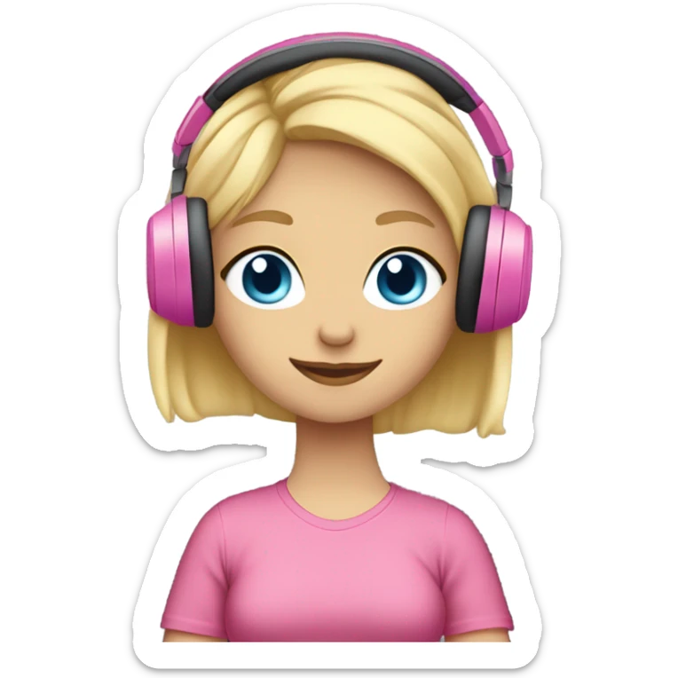 blonde hair blue eyed girl pink headphones and computer sticker
