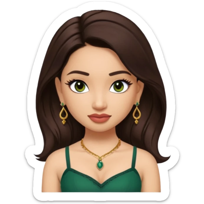 pretty bratz genmoji that looks like tamannah bhatia (bollywood actress), wearing a dark green sweetheart neckline top, dark brown hair, light makeup, no necklace, dangly earrings, side hair part, dark brown eyes, with tattoos sticker