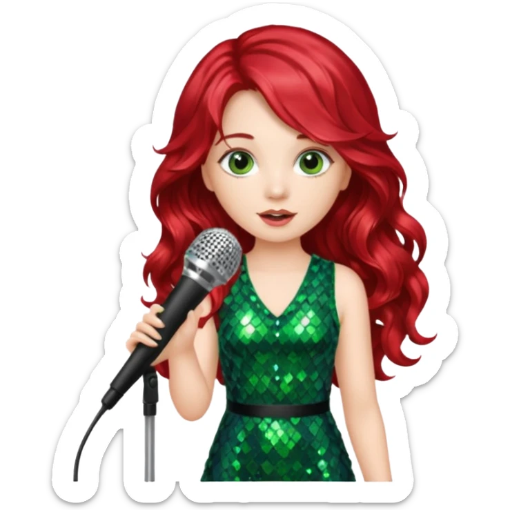 girl in green blink dress, red long wavy hair, holding a mic



















 sticker