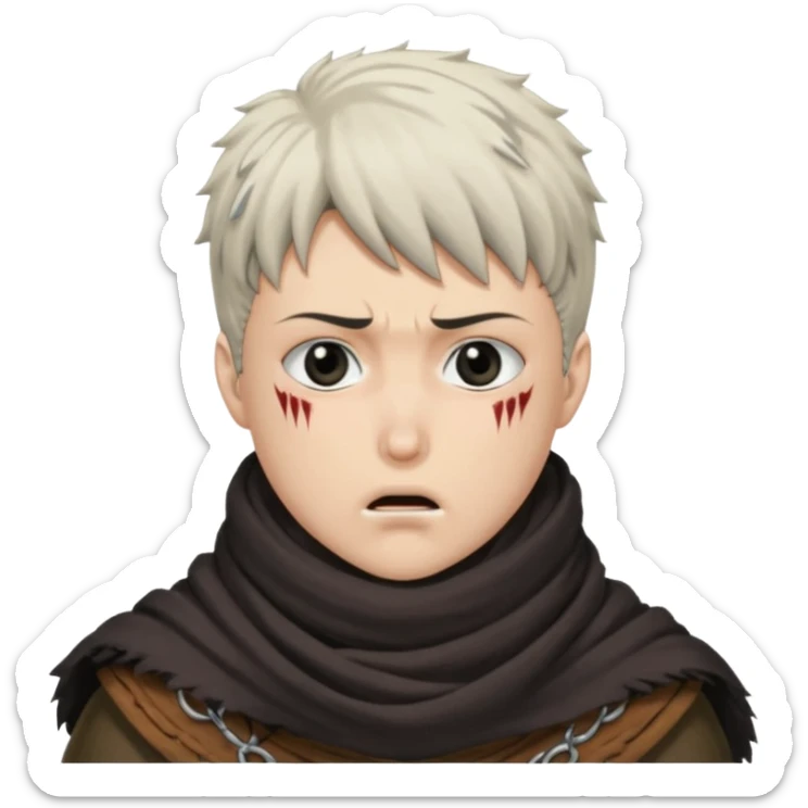 Guts from berserk, head shot, thick scarf covering mouth, scar over nose, white streak in hair sticker