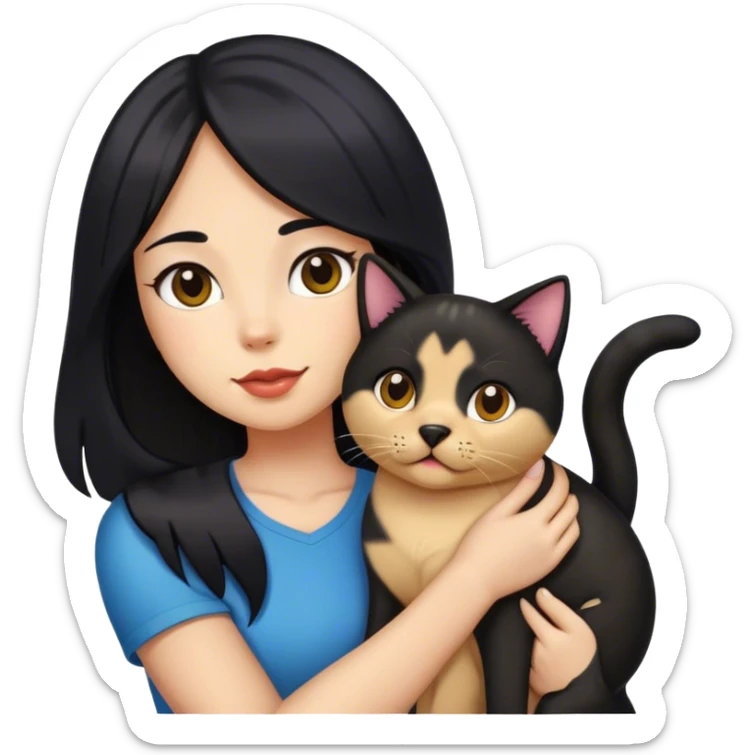 Medium skin color Woman with long black hair with a tricolor cat and a Labrador  sticker