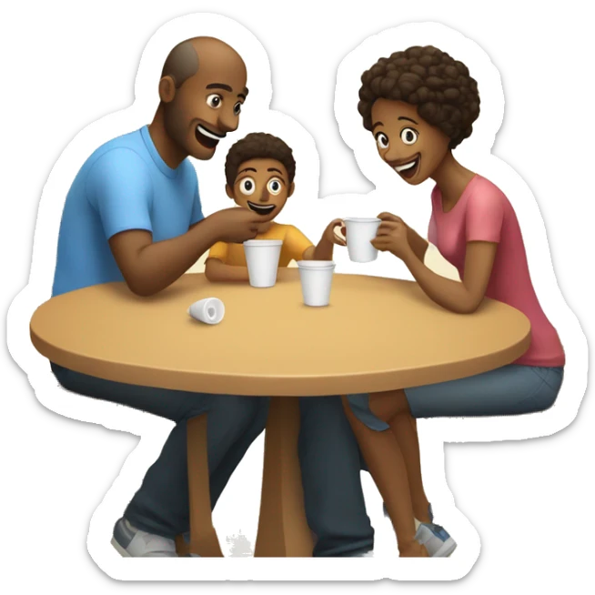 An emoji of a family—mother, father, and child—sitting at a table, playing a cup game with paper cups arranged on the table as they have fun together sticker