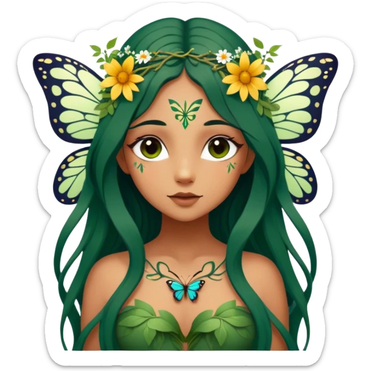 Cinematic Realistic Forest Fairy Portrait, depicted with lifelike, sun-kissed tanned skin that radiates an earthy glow, softly illuminated by natural, dappled light. Her long, flowing dark green hair is intricately detailed and interwoven with delicate vines and wildflowers, while her deep, soulful eyes mirror the wisdom of the forest. Dressed in an attire inspired by nature’s palette—with subtle botanical motifs—the portrait exudes a soft, enchanted glow that melds realism with woodland magic showing her large butterfly wings from her back. sticker