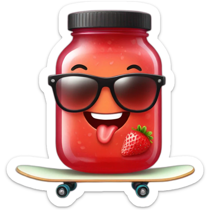 jar of strawberry jelly wearing sunglasses standing on a skateboard sticker