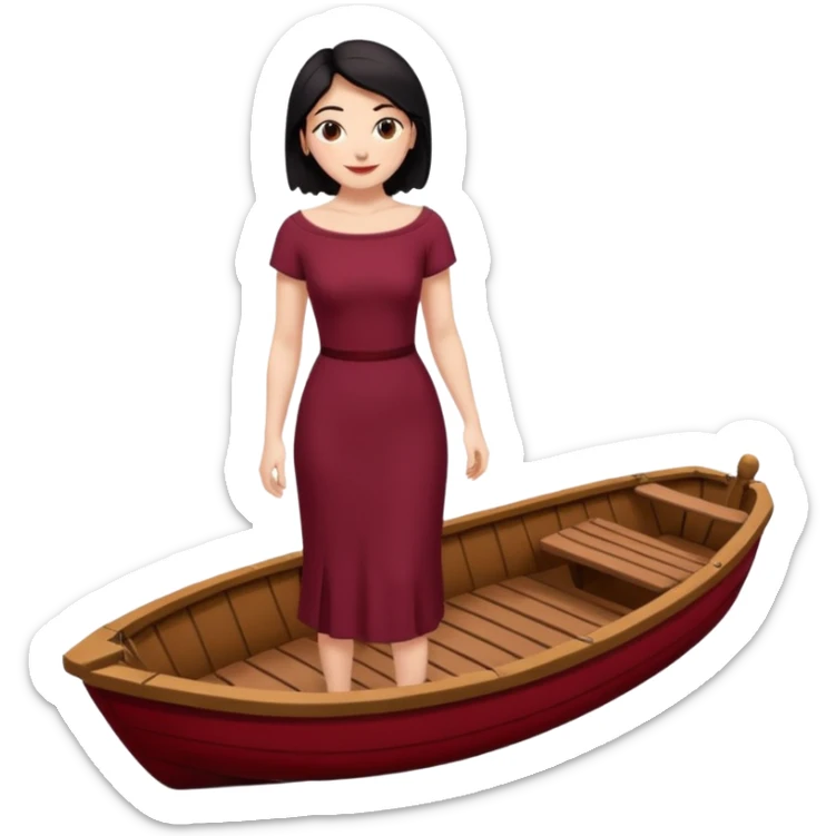 Chica blanca ,ojos marrones, vestido granate ajustado largo, escote barco cuerpo entero ,pelo negro y recogido sandalias sticker