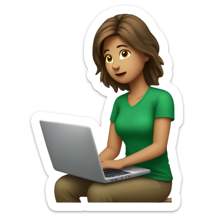 Brown hair girl in a green T shirt working on a laptop sticker