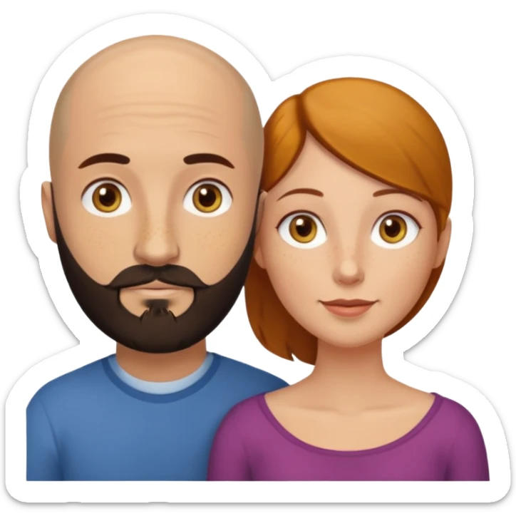 Couple. Bald man with dark brown-black beard. White woman with many small, faded freckles, white skin and she has auburn-yellow-brown-caramel, dark hair. She has light yellow-brown eyes. The man have hazel eyes. They are inside a big heart. sticker