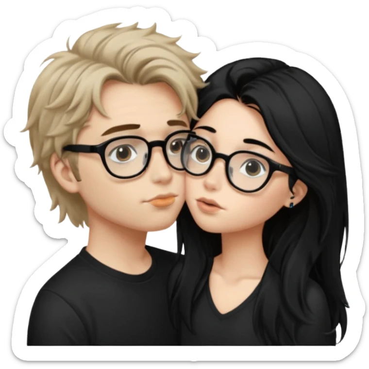 Un garçon avec les cheveux brin très clair ébouriffés, qui embrasse une fille avec les cheveux noir long et lisse , qui a des traits d’eye-liner et des lunettes noir avec un piercing au nez sticker