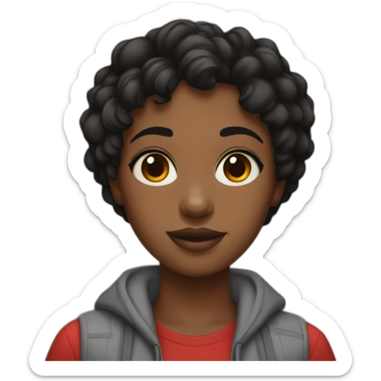 A black girl, brown eyes, short black hair with a red bull can sticker