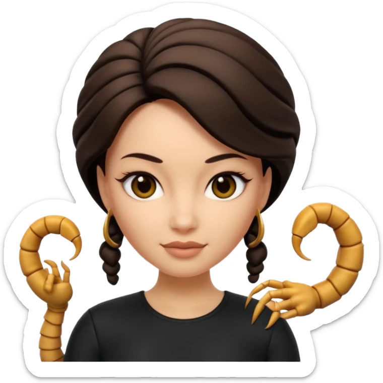 Scorpio zodiac signA 3D cartoon woman with a scorpion-shaped hairstyle, confident expression, smooth skin tone, Memoji-style. sticker