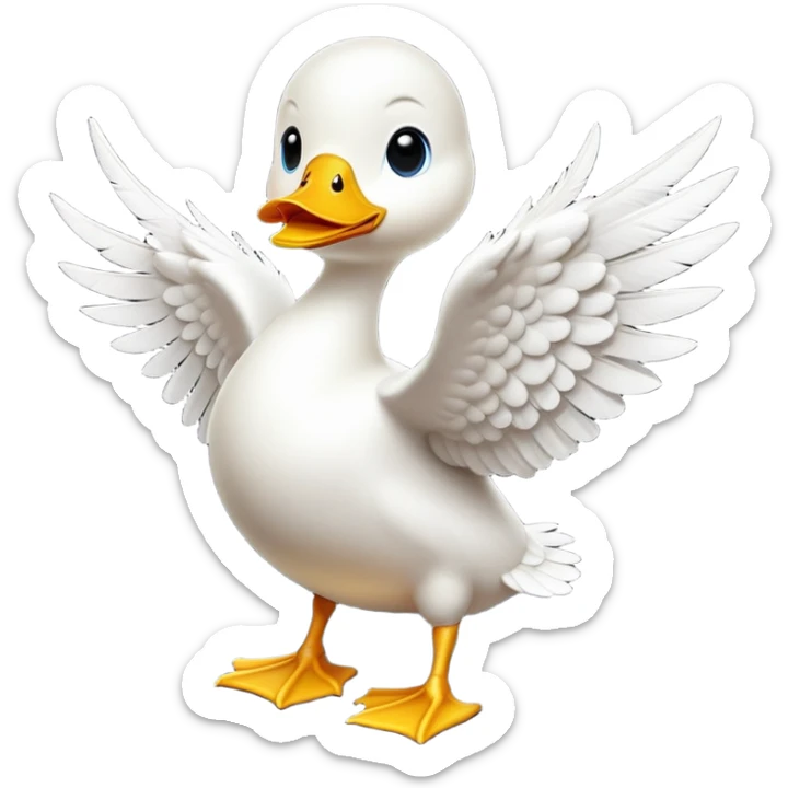 cinematic-[white duck]-realistic-full-body-perched-emoji,-wings-tucked-neatly by its side,-head-tilted-dramatically,-sleek-[white]-feathers,-simplified-yet-realistic-focused-features,-highly-detailed,-glowing-with-an-almost-sarcastic-glow sticker