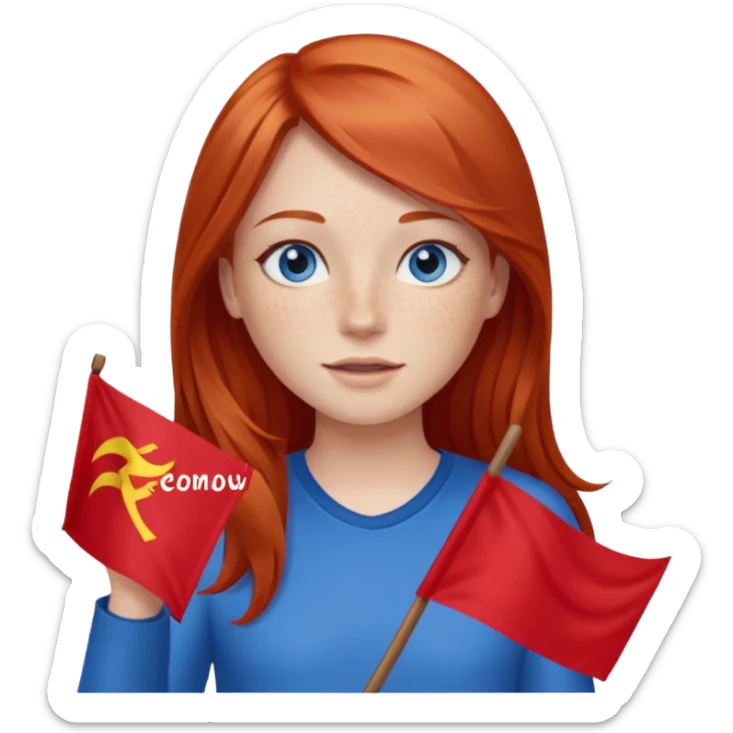 red head blue eyes freckles straight long hair waving red flag sticker