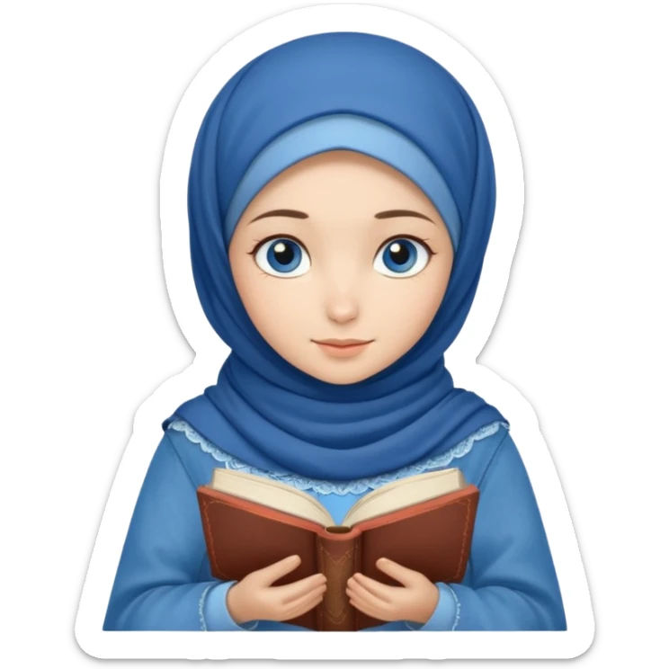 Turkish beautiful finish Konya girl blue eyes with denim hijab islamic dress and reading cozy sticker