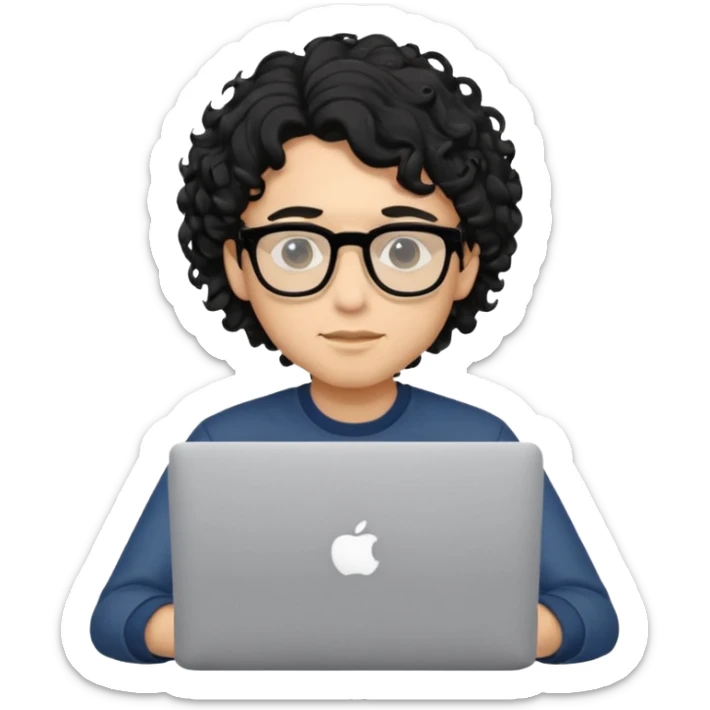 guy with wavy kinda curly black hair and skin cream and glasses, with a macbook sticker