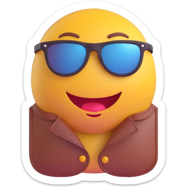 3D smiley emoji, round shape, motorcyclist in leather vest: leather vest, sunglasses, funny face sticker