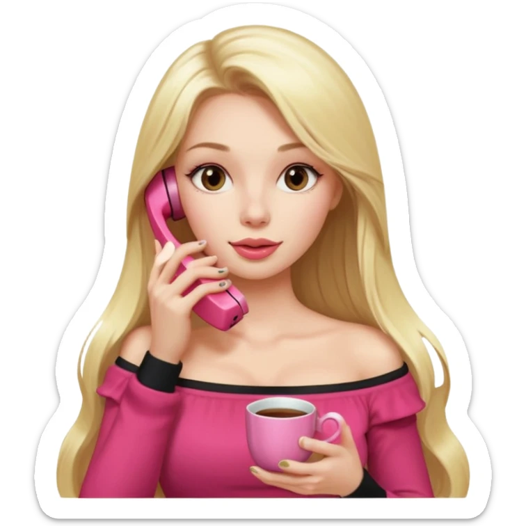 exaggerated features of woman with straight long blond hair, gossiping on a pink analogue phone, holding a tea cup, wearing an off-shoulder black top, red face sticker