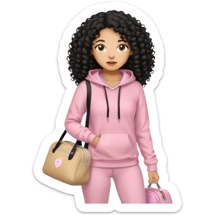 Mixed-race athletic woman with caramel skin, and long black curly hair wearing baby pink hoodie and leggings, carrying a beige gym bag sticker