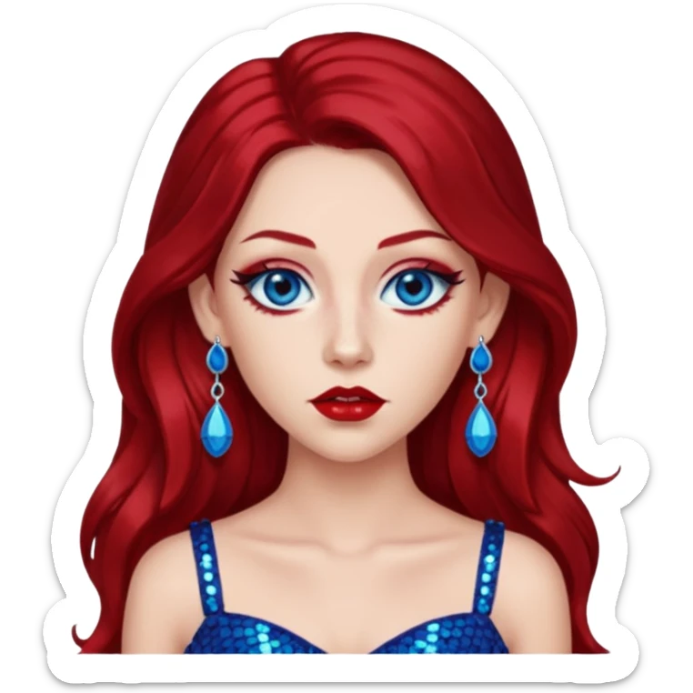 Chappell Roan (b.1998) with long dark red hair, red sequin crop top, red earring, blue eye, makeup sticker