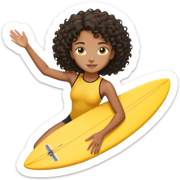 A black surfer girl with short curly hair with yellow surfboard sticker