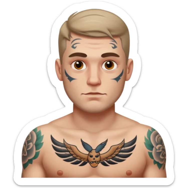 tattoo man, white skintone,tattoos on face, more visible, bulky man with tattos on his chest. sticker