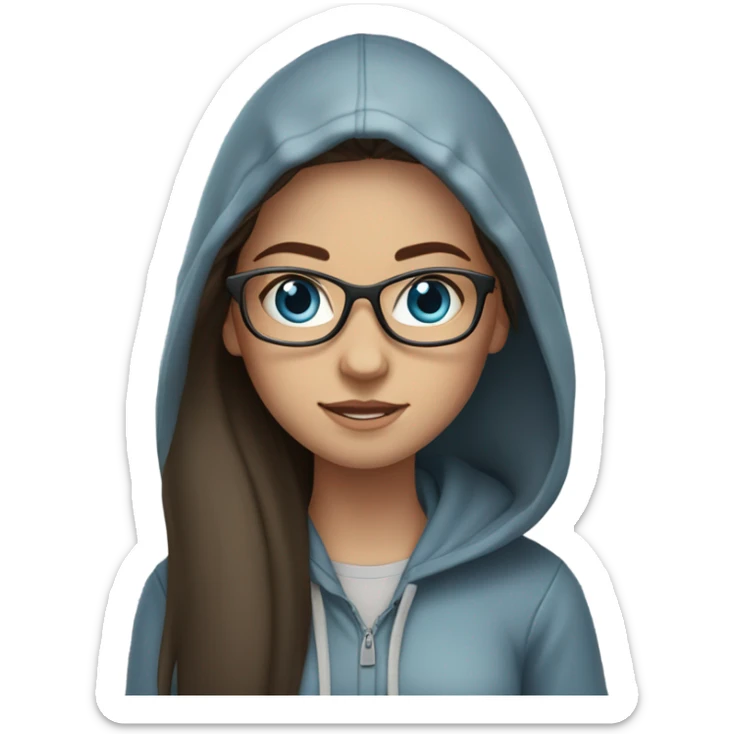 A brunette girl with long straight hair, blue eyes, glasses and a hoodie sticker